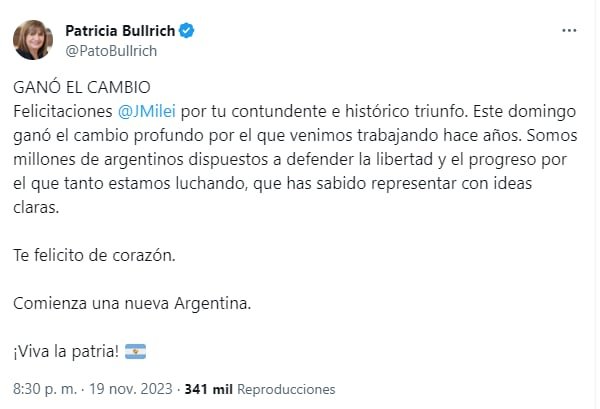 Patricia Bullrich felicitó a Javier Milei por su triunfo: “Comienza una nueva Argentina”